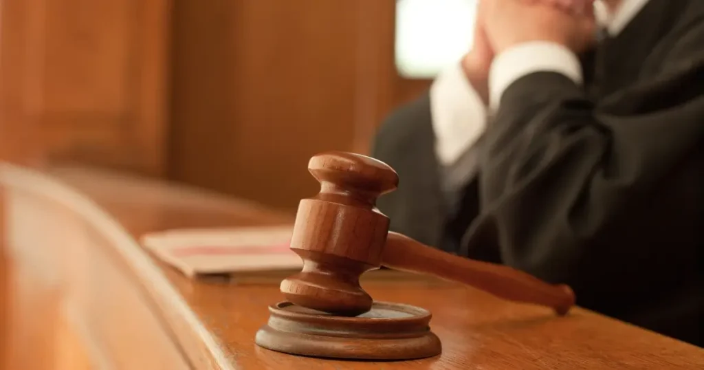 Gavel on a courtroom judges bench